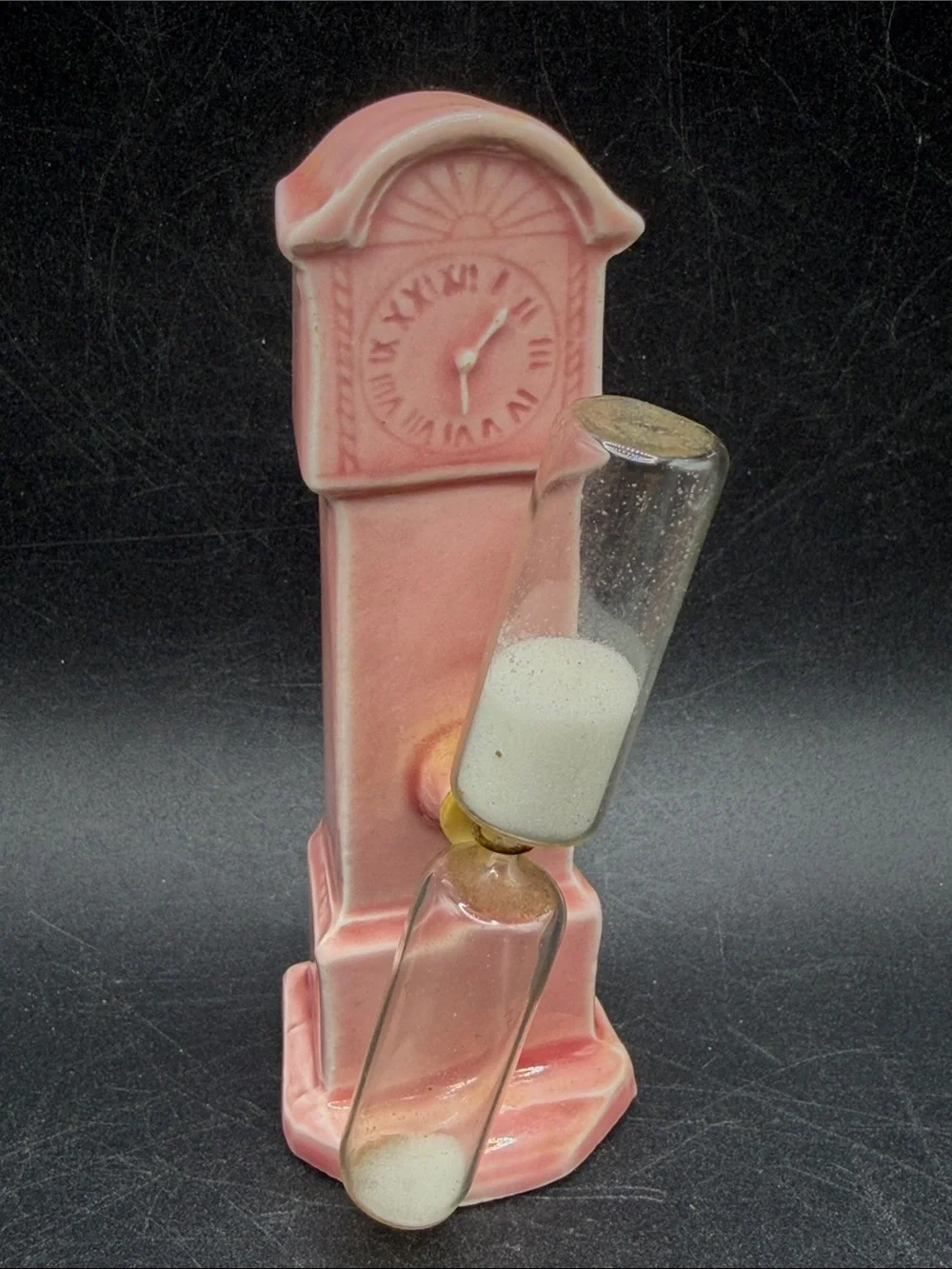 Vintage German Pink Grandfather Clock Figure Ceramic Time Keeper Hourglass Decor